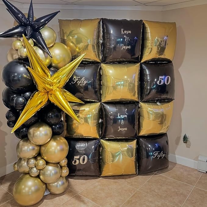 36pcs Gold and Black Square Foil Balloons Wall Backdrop with 147pcs Balloon Garland Arch Kit, Double Sided Balloons for Birthday Bridal Shower Anniversary New Year Graduation Party Decorations