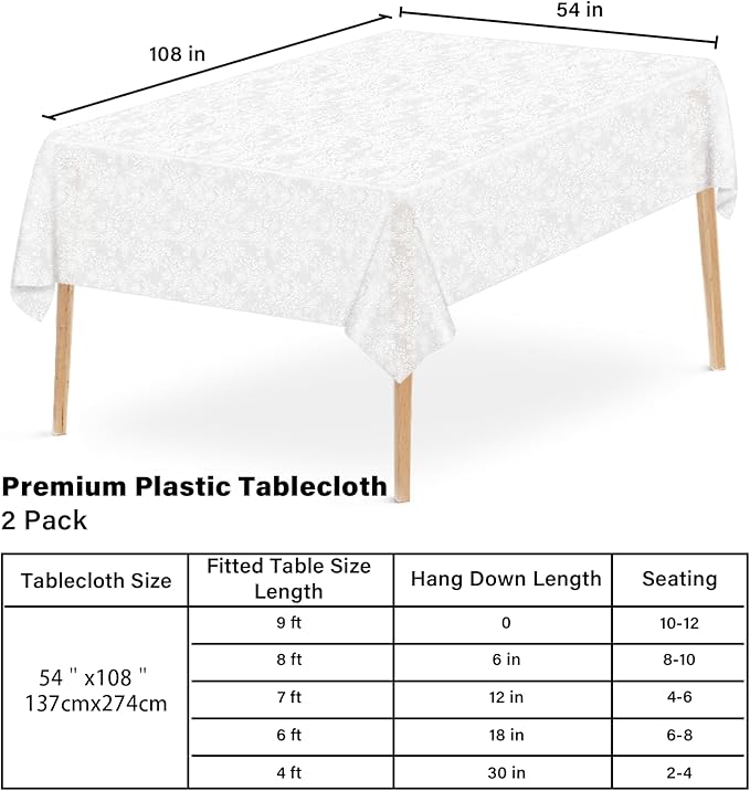 Mulbozy 2 Pcs Plastic Lace Tablecloth, Disposable White Transparent Table Cloth, 54 X 108 Inch Lace Tablecover Rectangular for Wedding Party, Bridal Shower, Baby Shower Reception Table Decoration
