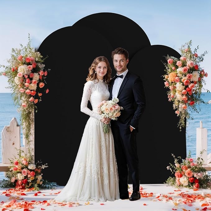 Wedding Arch Cover (7.2FT, 6.6FT, 6FT) Set of 3 Arch Backdrop Spandex Cover for Birthday Party Baby Shower Ceremony Banquet Decoration (Black, 7.2FT,6.6FT,6FT)