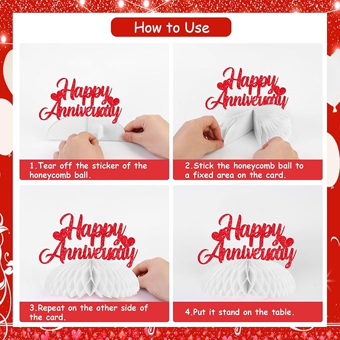 Cheereveal 8 Pieces Happy Wedding Anniversary Honeycomb Centerpiece, Red Glitter Photo Table Topper, Anniversary Theme Party Supplies for Adult 10th 20th 25th 30th 40th 50th 60th Decorations