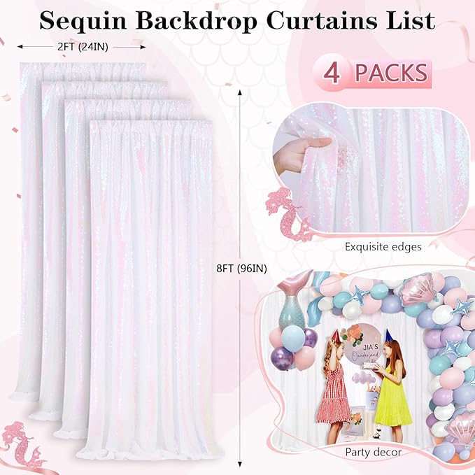 Sparkly White Iridescent Backdrop 4 Pieces 2FTx8FT Sequin Backdrop Curtains for Wedding Party