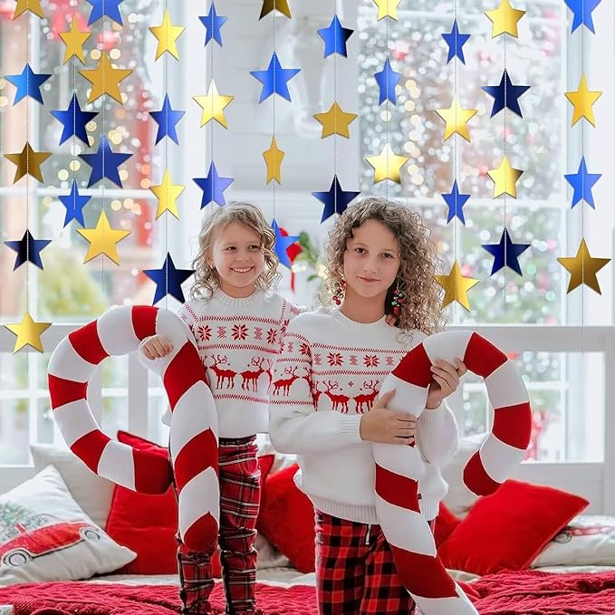 Gold Blue Glitter Star Garland Hanging Decorations, Streamer Bunting Banner Decorations,65 Feet, Twinkle Star Backdrop for Graduation, Birthday, Wedding, Christmas Party, New Year (Gold Blue)
