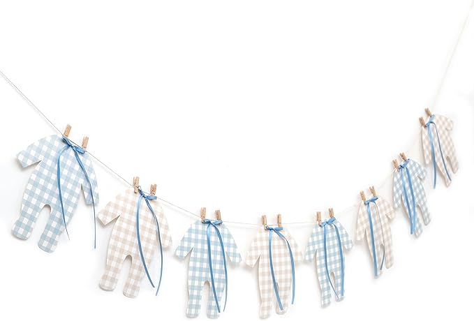 Blue and Cream Baby Onesie Garland – 8 PCS Big Size Baby Shower Banner, Baby Clothesline Garland, Blue Plaid Baby Bodysuit Cutouts for Gender Neutral Baby Shower or Nursery Decor