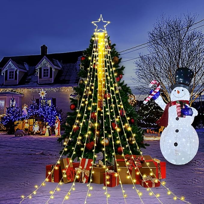 Christmas Decoration Star Lights Outdoor, 320 LED 16.4Ft Christmas Tree Toppers String Lights [8 Modes& Waterproof] for Halloween Christmas New Year Holiday Birthday (Iron-Warm White)