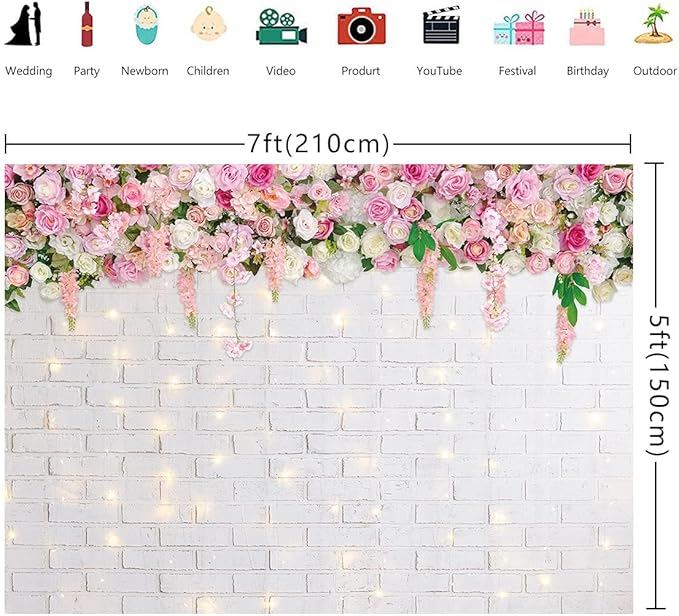 Flower Wall Backdrop Glitter White Brick Wall Mother's Day Flowers Photography Background Mother's Day Wedding Bridal Baby Shower Birthday Party Spring Theme Decor Photo Booth Props (7x5FT)