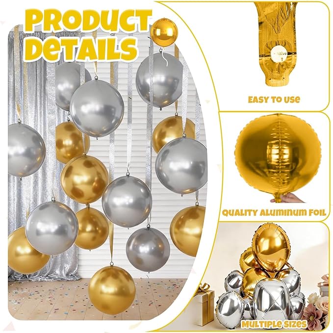 Gold and Silver Round Balloons Foil, 12 Pcs Round Shaped Balloon 4D Different Size 22" 18" 15" 10", Metallic Gold Silver Balloons for Prom Graduation Baby Shower Birthday New Years Party Decorations
