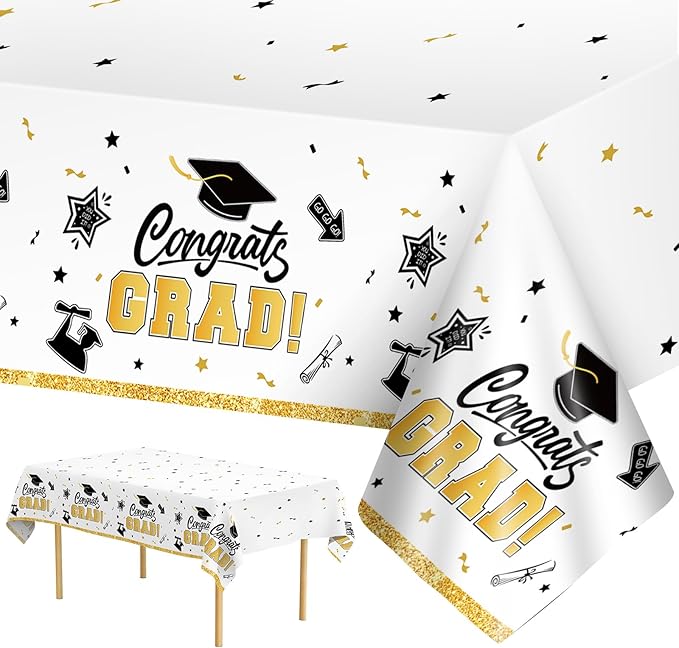 2 Pack White Graduation Tablecloth - Congrats Grad Table Cloths, Plastic Disposable Rectangle Class of 2026 Table Cover for Graduation Tables Decorations Party Decor Supplies Favors,108 x 54 Inch