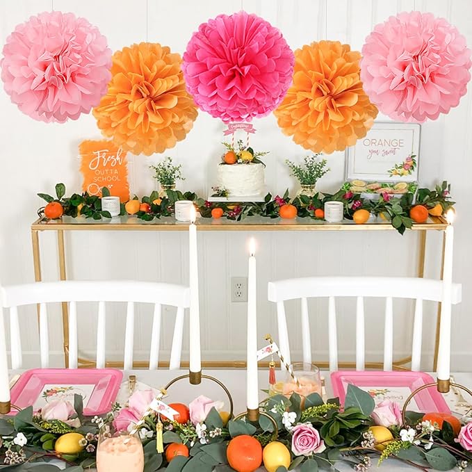 Hot Pink Orange Paper Flowers Tissue Pom Poms Honeycomb Lanterns 15pcs Party Decorations Fall Thanksgiving Wedding Baby Bridal Shower Birthday Autumn Groovy Sunset Hanging Supplies Mprocherify