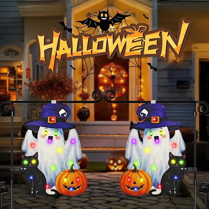 Lighted Shaped Halloween Garden Flags, 8 Modes Double-Sided Cute Solar Halloween Decorations Outdoor LED Flag, Yard Decorations for Patio Lawn Home Door Porch (Ghost Multicolor, 12x18)