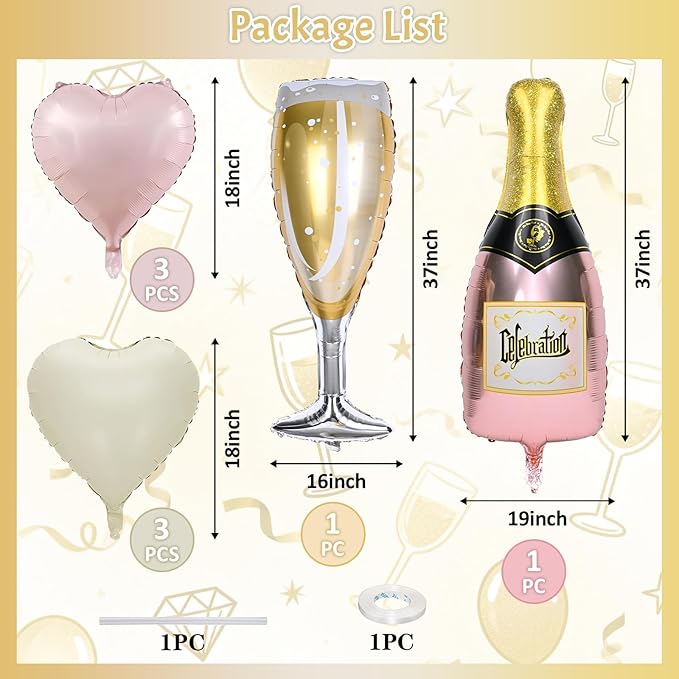 Champagne Balloons, Bachelorette Party Balloons with Champagne Bottle Glass Foil Mylar Balloon Pink Beige Heart Shaped Balloon for Engagement Birthday Bridal Shower Wedding Anniversary Decorations
