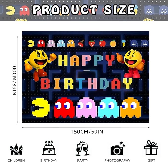 Pac Ghost Birthday Party Decoration, Include Game Party Backdrop 5 x 3 FT, Latex Balloons, Cake Topper for Pacman Theme Kids Fans Birthday Party