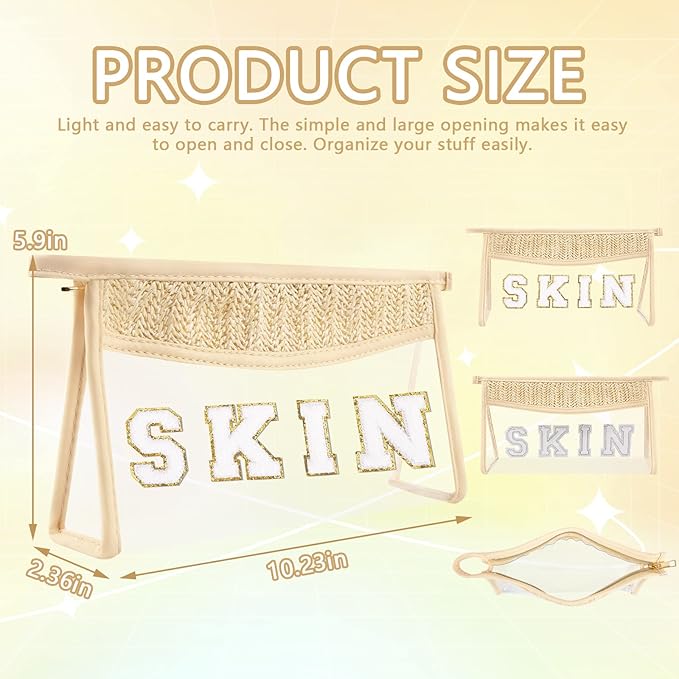 Boho Patch Skin Bag Clear Makeup Letter Bag, Waterproof Zipper Make up Bags Toiletry Pouch for Women Girls, Clear Letter Patch Cosmetic Bags Transparent Organizer Pouch for Travel(Skin, Beige)
