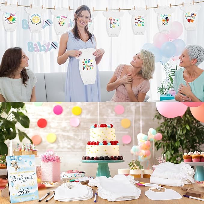 201 Pcs Baby Shower Set Baby Shower Game Sign Baby Bib Bodysuit White Baby Bib Newborn Bodysuit Baby Shower White Decorating Kit(New Blue Bear)