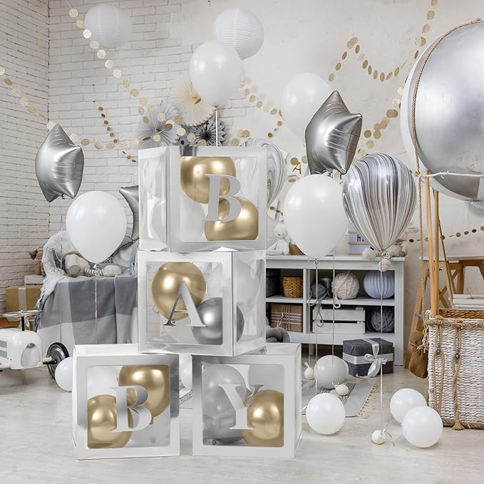 Baby Boxes with Letters - 4 Transparent Balloon Boxes for Baby Shower, Gender Reveal, Birthday & Wedding Decorations (Silver)