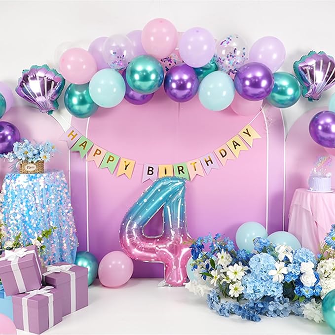 4th Mermaid Birthday Decoration for Girls,Pink Purple Green 4th Birthday Balloon Number 4 Seashell Foil Balloons Banner Mermaid Sea Party Decor Supplies for 4 Year Old