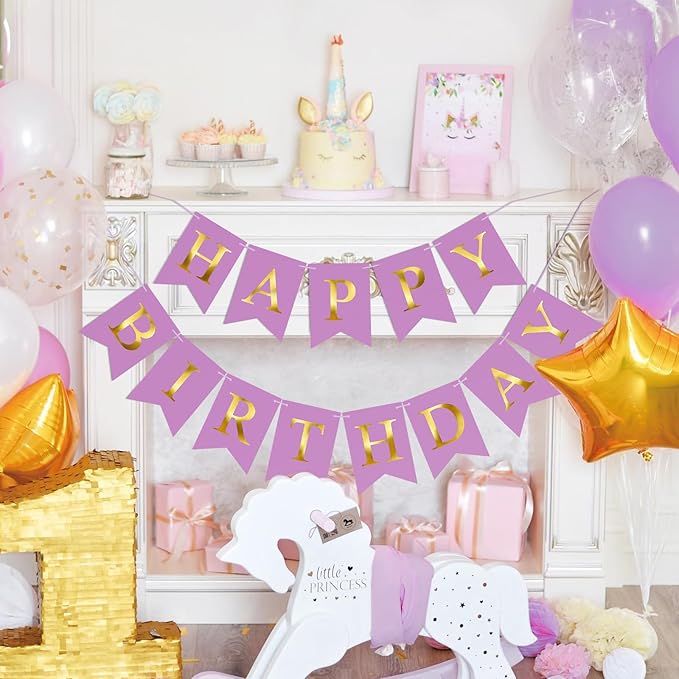 Purple Happy Birthday Banner Birthday Party Banner NO DIY Happy Birthday Sign Pre-Strung Birthday Hanging Decoration for Women Men Girl Boy Party Supplies (Purple and Gold)