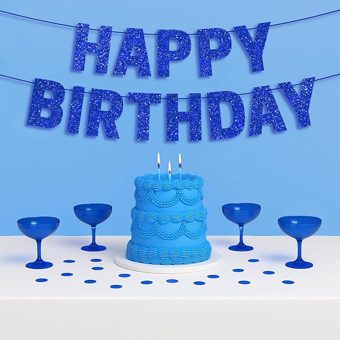 Pre-strung Happy Birthday Banner - No DIY - Blue Glitter Happy Birthday Party Banner for Men Woman Boys Girls - Pre-strung on 8 ft Strands - Blue Bday Party Decorations & Decor. Did We Mention No DIY