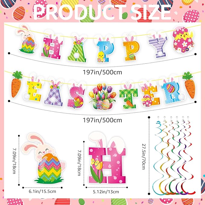 52 Pcs Easter Banner, Happy Easter Garland with Hanging Swirls, Cute Egg Bunny Sign Decorations for Office Home, Easter Party Supplies