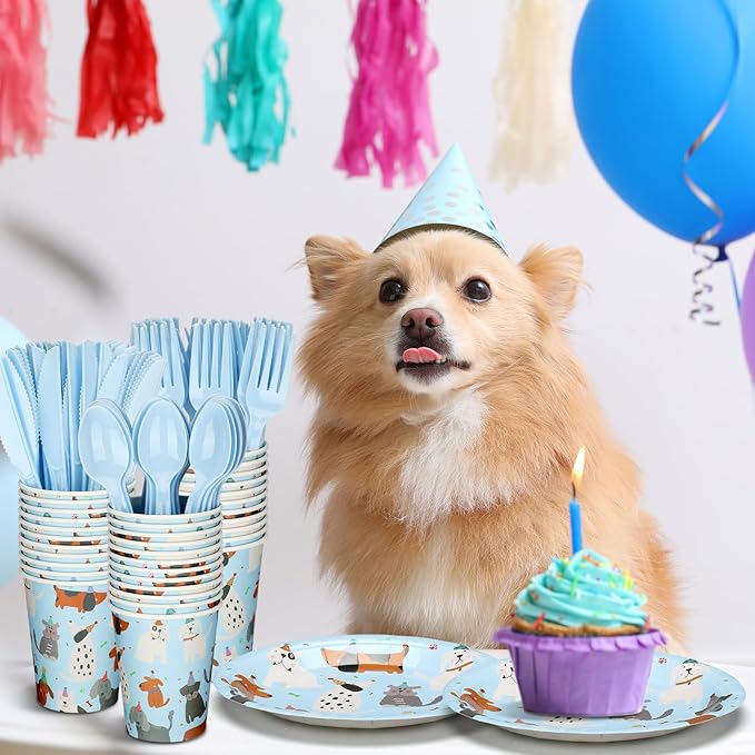 Jinei 350 Pcs Dog Birthday Party Supplies Blue Dog Tableware Set Serves 50 Guests Puppy Birthday Decorations Includes Puppy Plates Cups Napkins Forks Knives Spoons for Party Supplies