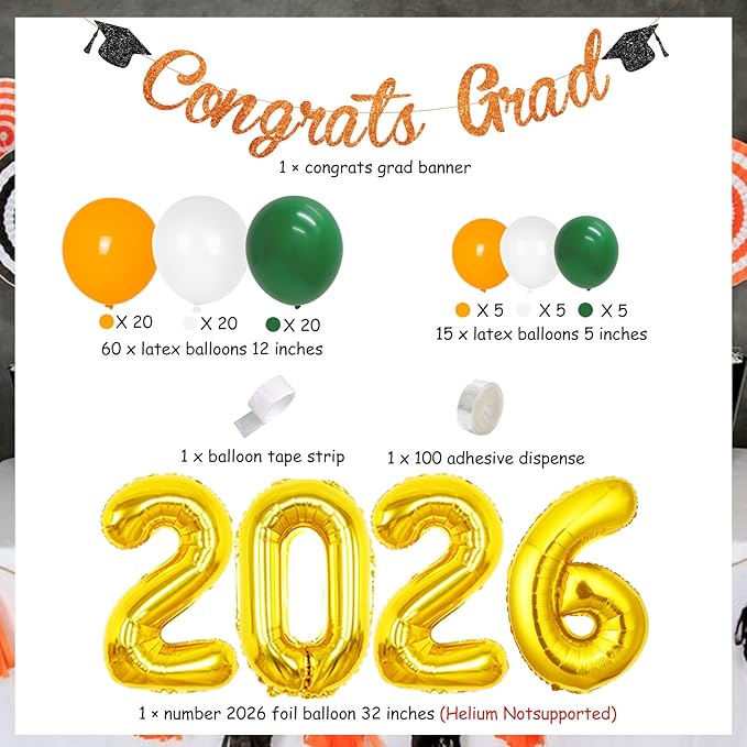 Kreatwow Graduation Decorations 2026 Orange and Green Balloon Garland Arch Kit Congrats Grad Banner Decorations Number 2026 Balloons for Class of 2026 High School College University Grad Party Decor