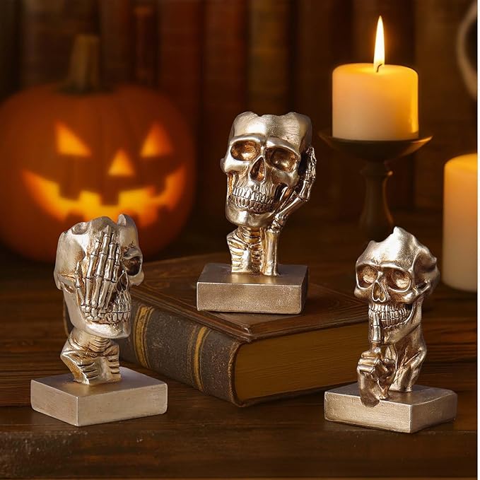 See Hear Speak No Evil Skeleton Figurines Set,Gothic Evil Skull Trio Statue,Vintage Skeletons for Halloween Decorations Indoor,Living Room Fireplace Floating Shelf Coffee Table Centerpiece Decor
