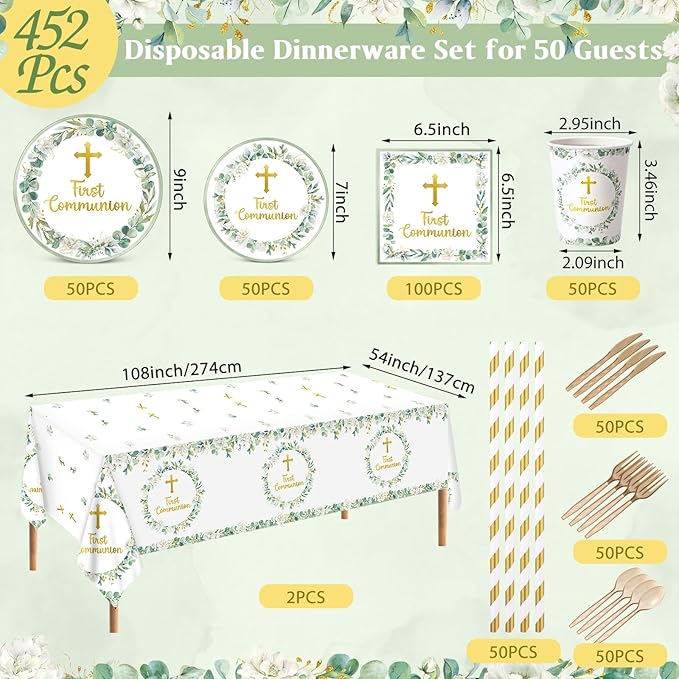 Ceenna 452 Pcs First Communion Party Decoration Boy for 50, Green Baptism Paper Plate Napkin Cup Tablecloth Cutlery Straw God Bless Disposable Tableware for Christening Religious Baby Shower Supplies
