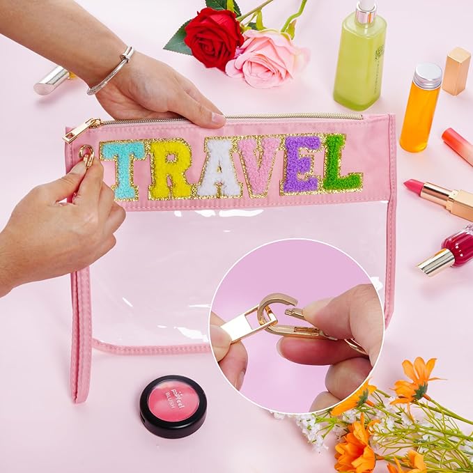 Chenille Letter Bag, Multi-purpose Nylon Clear Makeup Cosmetic Bags Flat Pouches with Zipper for Travel, Gym, Beach (Pink-Travel)