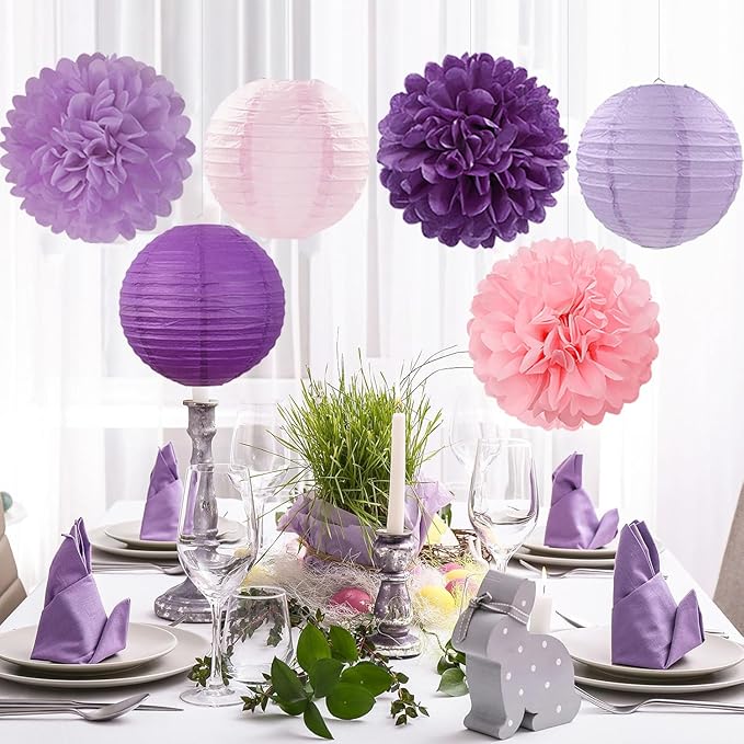 Pink Purple Paper Flowers Tissue Pom Poms Honeycomb Lanterns 15pcs Party Decorations Lavender Birthday Wedding Baby Bridal Shower Lilac Valentines Mothers Day Hanging Supplies Mprocherify