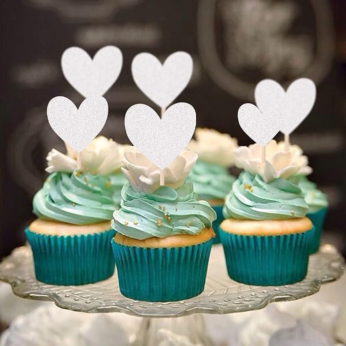 30 PCS Love Heart Cupcake Toppers Glitter Mixed Size Wedding Engagement Cupcake Picks Decorations for Wedding Anniversary Bridal Shower Birthday Valentine's Day Party Supplies Silver