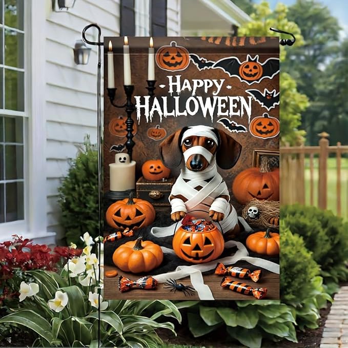 Halloween Garden Flag Dachshund Dog Mummy Pumpkin 12x18 Inch Double SidedOutdoor Yard Banner for Trick or Treat Haunted House Spooky Halloween Decoration Decor