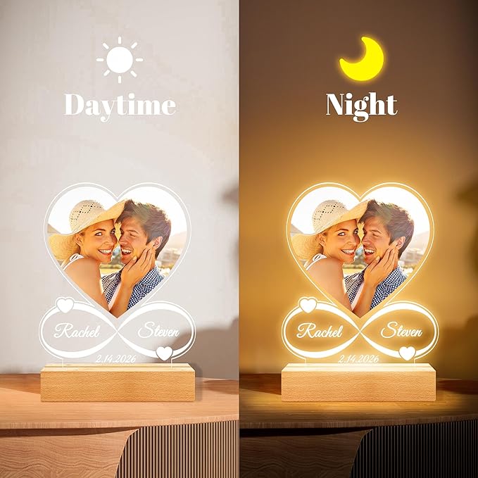 Custom Picture Frames with Photo, Custom Photo Frame with Night Light, Personalized Picture Frame, Personalized Anniversary Couple Gifts for Women Men Him Her Girlfriend Boyfriend Wife