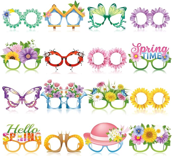 Pajean 32 Pack Spring Party Decorations Eyeglasses Springtime Themed Paper Glasses Supplies Flowers Butterflies Photo Booth Props Frame for Springtime Easter Tea Party Decoration Supplies