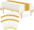 12 Pack White and Gold Tablecloth Party Decorations Plastic White Tablecloth Printed Gold Table Runner 54 x108 Inch Disposable Rectangle Table Cover for Birthday Wedding Graduation