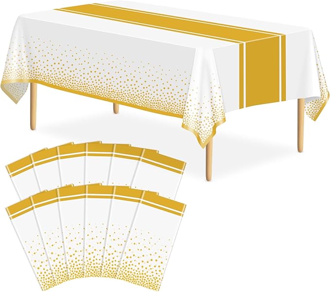 12 Pack White and Gold Tablecloth Party Decorations Plastic White Tablecloth Printed Gold Table Runner 54 x108 Inch Disposable Rectangle Table Cover for Birthday Wedding Graduation