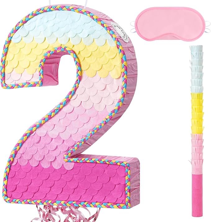 WERNNSAI Pink Sweet Two Piñata - Number 2 Piñata Happy Birthday Decoration Pink Rainbow Design Party Games for Girl Princess Baby Shower Party Favor with Blindfold Anniversary Celebration Supplies