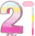 WERNNSAI Pink Sweet Two Piñata - Number 2 Piñata Happy Birthday Decoration Pink Rainbow Design Party Games for Girl Princess Baby Shower Party Favor with Blindfold Anniversary Celebration Supplies