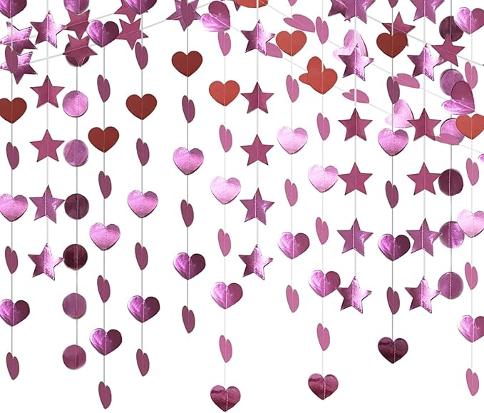Pink Dot Heart Star Streamers 19.8 Feet Paper Garlands Glitter Disco Garland Hanging Banner for Birthday Homecoming Classroom Mothers Day Wedding Engagement Birthday Party Supplies