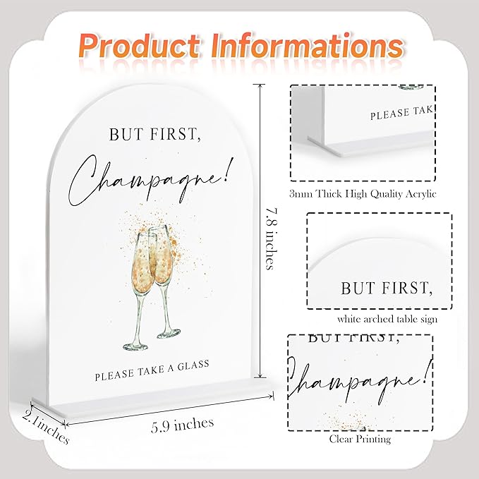 But First Champagne Sign, White Arch Acrylic Wedding Bottle Service Sign, Wedding Signs for Ceremony and Reception, Bridal Shower Decorations, Engagement Party Decor, Centerpiece Table Decor Party-28