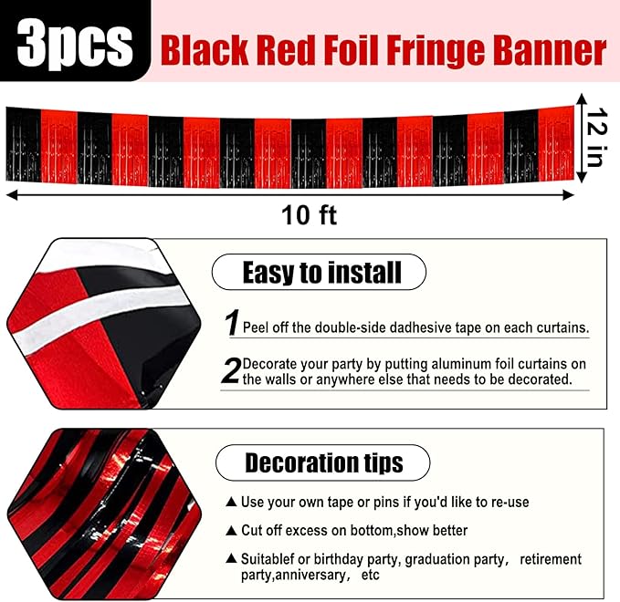 3 Pack 10 Long Black Red Metallic Foil Fringe Garland Wall Hanging Tassle Banner, Mother's Day, Easter, Parade Floats, Birthday, Theme Party, Wedding Party Decorations
