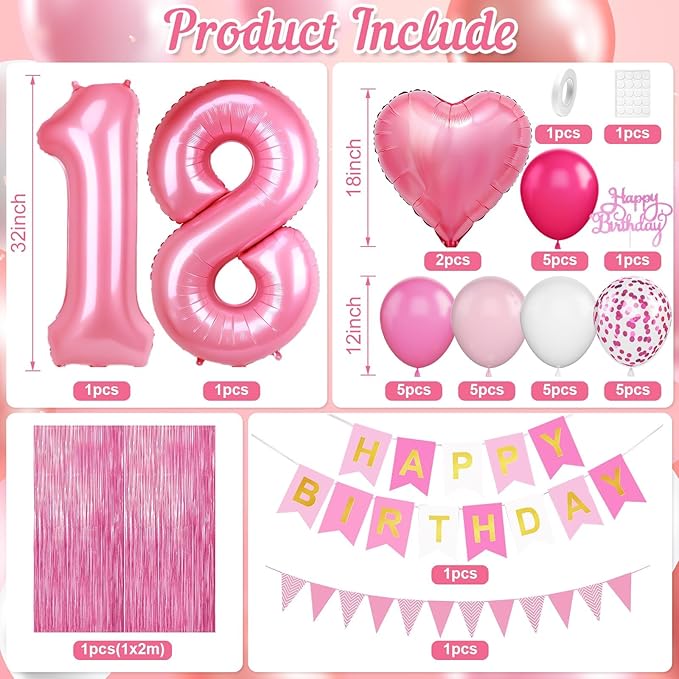 18th Birthday Decorations for Girls,Hot Pink 18th Birthday Balloons with Happy Birthday Banner Fringe Curtain Heart Foil Balloons for 18 Year Old Birthday Decor