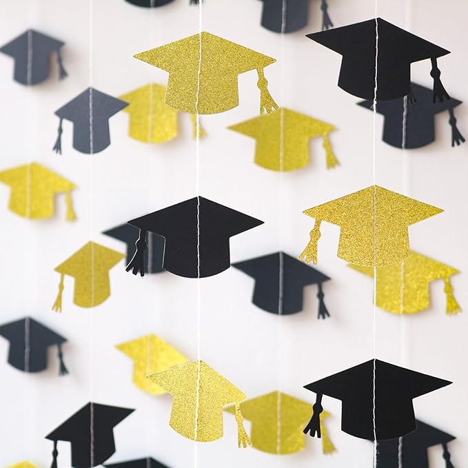 Black and Gold Graduation Garland Graduation Party Decorations Class of 2026 Grad Cap Garland Banner Streamers for Grad Party Hanging Decorations 39Feet