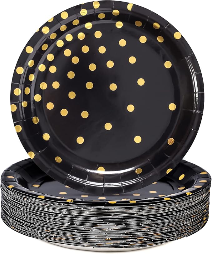 Black and Gold Party Supplies, Black Paper Dessert Plates for Birthday Graduation (50-Count)