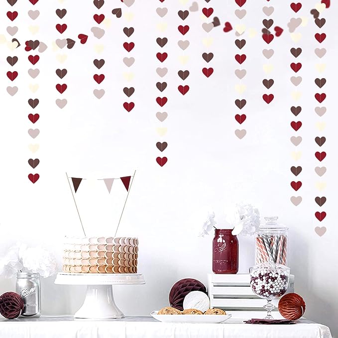 Boho Wedding Bridal-Shower Party-Decorations Heart-Garland - 52Ft Fall Autumn Brown Burgundy Dusty-Pink Paper Streamers Banner,Birthday Baby Engagement Bachelorette Valentines Decor Lasting Surprise