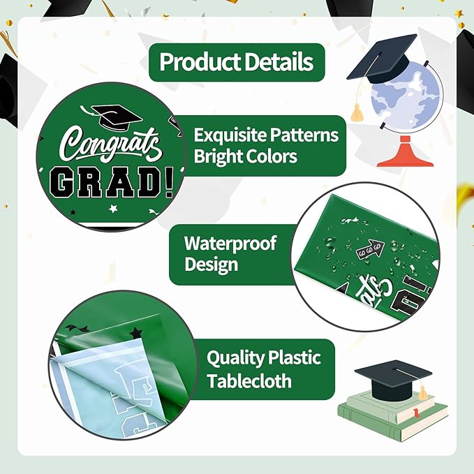 2-Piece 54 x 108 Inch Graduation Plastic Tablecloth – Graduation Disposable Rectangle Table Covers with “Congrats Grad” Design for Class of 2026 Party, School and Home Decorations