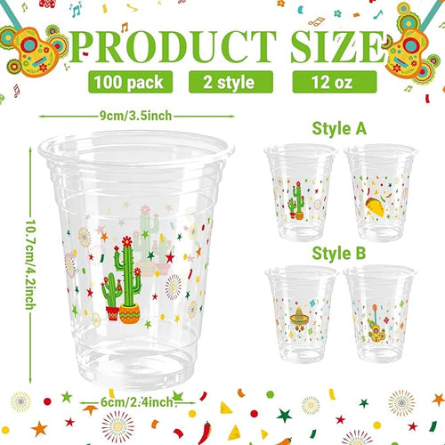 100 Pack Fiesta Plastic Cups 12 oz 2 Styles Mexican Cinco De Mayo Disposable Cups Mexican Party Favor Drinking Beverage Cup for Taco Birthday Hispanic Heritage Month Party Supplies