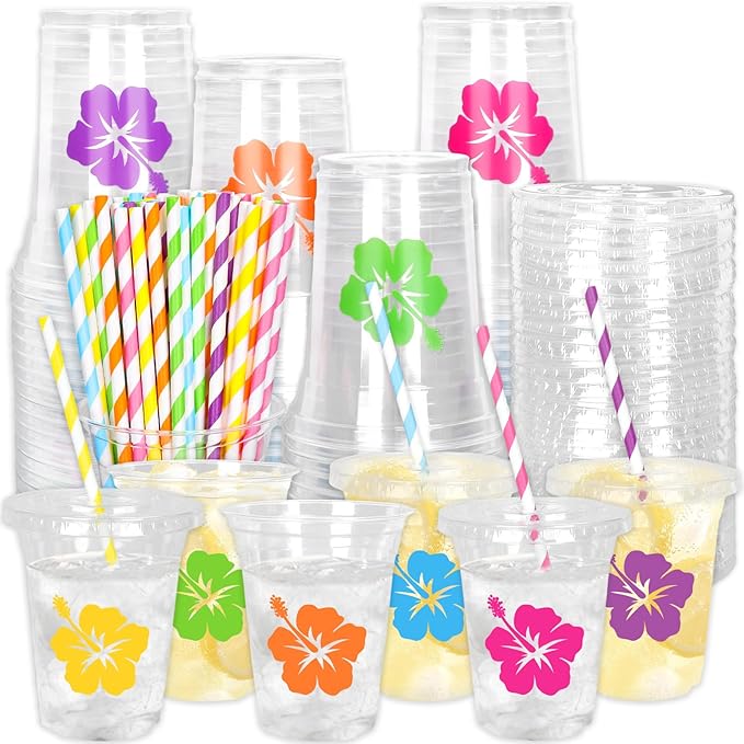 Whaline 60Pcs 12 Oz Hibiscus Floral Disposable Plastic Cups with Lids and Straws Colorful Summer Hawaiian Flower Cold Beverage Drinking Cups for Beach Tropical Luau Party Supplies