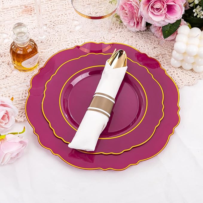 Liacere 350PCS Red Plastic Plates-Disposable Burgundy Red and Gold Plates 50guest Baroque Plastic Dinnerware include 100Plates, 50Pack Pre Rolled Napkins with Silverware 50Cups for Christmas