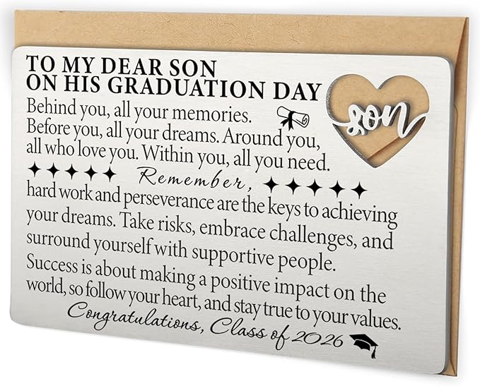 Graduation Wallet Card for Son from Mom, Class of 2026 Laser-Engraved Stainless Steel Insert with Heart Cutout, Inspirational Postcard Keepsake, Graduation Day Gift for Him High School College QBK13