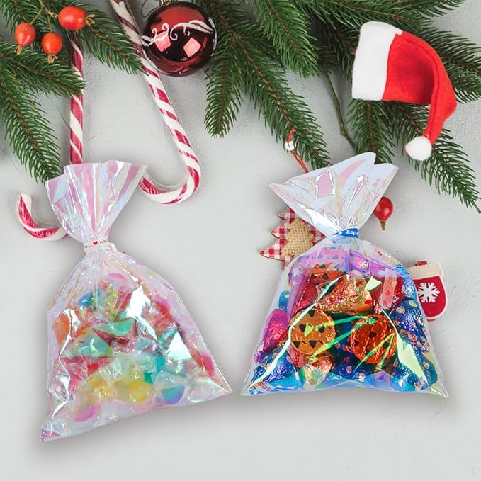 HRX Package 100pcs Small Iridescent Cellophane Treat Bags with Ties, 4x6 inch Holographic Plastic Goody Bags for Candy, Cake Pops, Favors