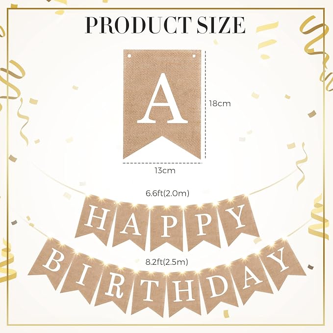 Breling 2 Pieces Burlap Happy Birthday Banner Flags Decor and 2 Pieces Mini LED Fairy Lights Battery Rustic Banner Garland Bunting for Adult Women Men Birthday Party Baby Shower Fireplace Supplies